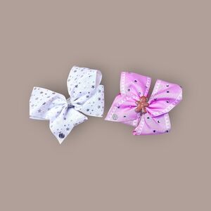 2 Large JoJo Siwa's Hair Bow Clips, White w/ Silver Stars & Pink Gingerbread Man